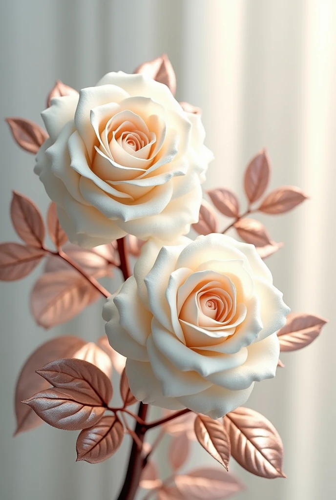 a highly detailed and intricate 3D illustration of white roses with metallic leaves, elegant official artistic aesthetic, ultra high definition, photorealistic, masterpiece