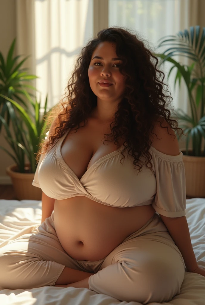 A typical Spanish woman, wearing typical Spanish costumes and accessories. In a traditional place in Spain. With a band on his arm in the colors of the Spanish flag. chubby. beautiful  face. Linda. hyperrealisti. hyper detailled. pregnant breasts. sitting on a bench. NUDE.  at dusk. 9  pregnant. inside an empty cathedral.