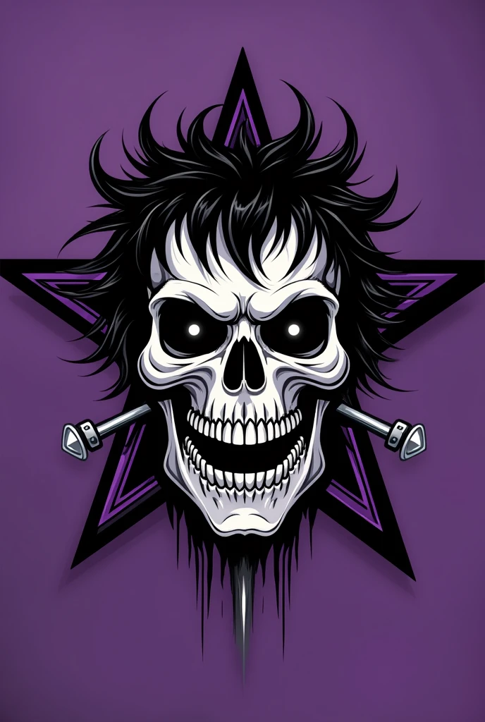A flag with a purple star featuring a skull with black, fringed hair and piercings