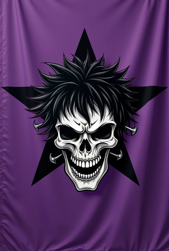 A flag with a purple star featuring a skull with black, fringed hair and piercings