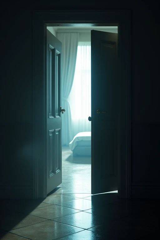 A luxurious bedroom door is slightly ajar, with a strip of light illuminating the floor in front of it. Outside, the bright light creates a dramatic contrast with the dimly lit interior of the room, suggesting that something disturbing is about to happen.Realista,cinematic, 8k