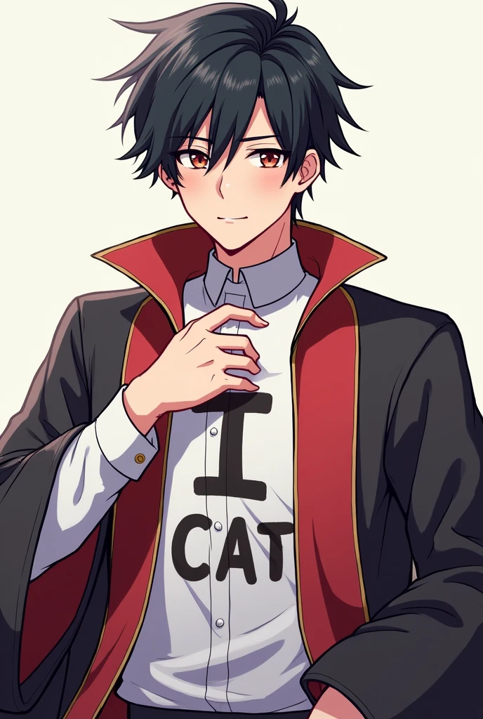 You can create an anime image of a man with black hair, wearing a shirt that says 'I cat' and a chor.