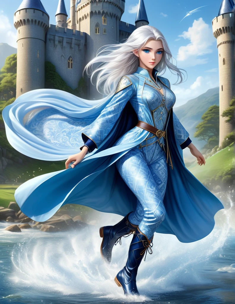 Professor Elowen Mistralight, a 25-year-old elf woman, medium height and delicate elf with silver hair, mysterious and penetrating light blue eyes, He wears a robe with patterns of wind and water, tight light blue fabric pants, long, with navy blue riding boots, the boots reach the knee, a magic wand and castle background, anime style. Individual image of her in full body. He is in action pose. Has one leg raised with the knee bent, His mouth is slightly open as if he had exercised a lot.. He has light skin. She has her hair down and blowing in the wind.. feminine and sexy body.