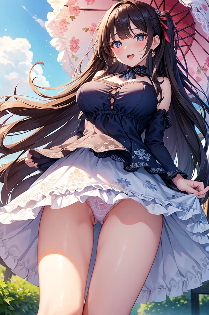A beautiful girl wearing a navy blue dress posing for a photo, anime girl, in the park, ta style dress with ruffles and lace, (flower printed elegant dress skirt), low-cut chest, blue sky and white clouds, windy day, white stockings above the knee, (looking at the viewer), big rounds breasts, dark brown hair, long bangs, long hair, wavy hair, shiny hair, expressive hair, hair flower, hair ribbon, jewelry, aqua eyes, glowing eyes, pupils sparkling, earrings, open mouth, blush, tongue, happy, red lips, glossy lips, upper teeth, naughty face, big rounds breasts, slim waist, beautiful and detailed legs, cute thighs, full body, well defined body, fine lace panties, (showing elegant panties:1.4), exposed panties, skirt lift, upskirt, wind blowing up dress skirt, high detail, ultra-detailed, anime, dithering, beautiful illustration, depth of field, pov, low angle, from below, perspective, panorama, game cg, NSFW, Wide-Angle, f/1.8, 85mm, Sony FE GM, 8k, super detail, UHD, retina, masterpiece, accurate, anatomically correct, textured skin, highres, 16k