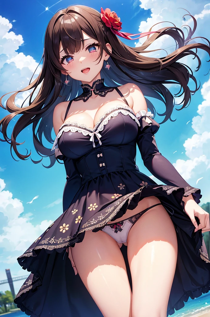 A beautiful girl wearing a navy blue dress posing for a photo, anime girl, in the park, Lolita style dress with ruffles and lace, (flower printed elegant dress skirt), low-cut chest, blue sky and white clouds, windy day, white stockings above the knee, (looking at the viewer), big rounds breasts, dark brown hair, long bangs, long hair, wavy hair, shiny hair, expressive hair, hair flower, hair ribbon, jewelry, aqua eyes, glowing eyes, pupils sparkling, earrings, open mouth, blush, tongue, happy, red lips, glossy lips, upper teeth, naughty face, big rounds breasts, slim waist, beautiful and detailed legs, cute thighs, full body, well defined body, fine lace panties, (showing elegant panties:1.4), exposed panties, skirt lift, upskirt, wind blowing up dress skirt, high detail, ultra-detailed, anime, dithering, beautiful illustration, depth of field, pov, low angle, from below, perspective, panorama, game cg, NSFW, Wide-Angle, f/1.8, 85mm, Sony FE GM, 8k, super detail, UHD, retina, masterpiece, accurate, anatomically correct, textured skin, highres, 16k