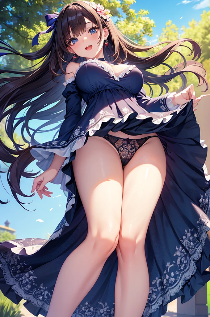 A beautiful girl wearing a navy blue dress posing for a photo, anime girl, in the park, Lolita style dress with ruffles and lace, (flower printed elegant dress skirt), low-cut chest, blue sky and white clouds, windy day, white stockings above the knee, (looking at the viewer), big rounds breasts, dark brown hair, long bangs, long hair, wavy hair, shiny hair, expressive hair, hair flower, hair ribbon, jewelry, aqua eyes, glowing eyes, pupils sparkling, earrings, open mouth, blush, tongue, happy, red lips, glossy lips, upper teeth, naughty face, big rounds breasts, slim waist, beautiful and detailed legs, cute thighs, full body, well defined body, fine lace panties, (showing elegant panties:1.4), exposed panties, skirt lift, upskirt, wind blowing up dress skirt, high detail, ultra-detailed, anime, dithering, beautiful illustration, depth of field, pov, low angle, from below, perspective, panorama, game cg, NSFW, Wide-Angle, f/1.8, 85mm, Sony FE GM, 8k, super detail, UHD, retina, masterpiece, accurate, anatomically correct, textured skin, highres, 16k