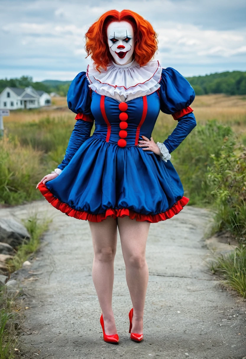 Full body shot of Anette O'Toole as Pennywise the Clown with very large breasts in a skimpy sexy outfit with red high heel shoes. Standing outside the Barrens sewer entrance in Derry Maine