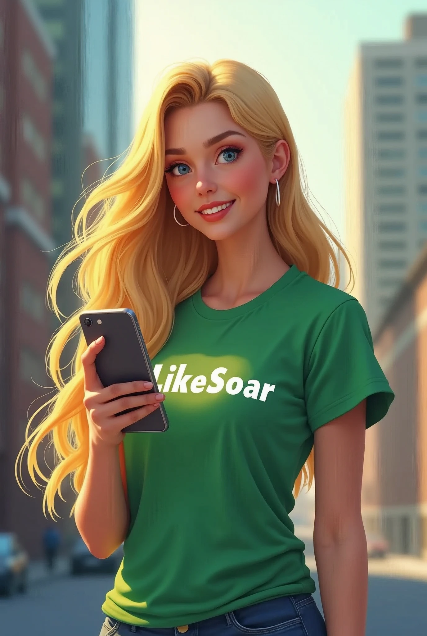 female character with phone in hand and LikeSoar written on her t-shirt, blonde hair, green t-shirt