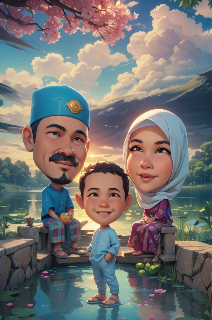 3D Cartoon, big head, Family, father and mother sitting, Mother wears hijab, and son standing, background of lake with lotus flowers in the water, beautiful clouds and sky, , Smile, beautiful hair, 3D render, 3D Cartoon, big head, cartoonish look, high resolution, super detail, soft lighting