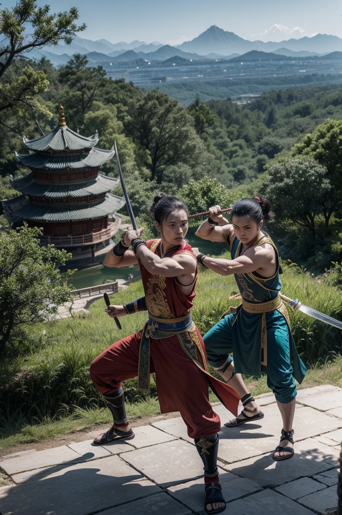 two wushu warriors, fighting with sword and spears, with a chinese palace and forest in the background