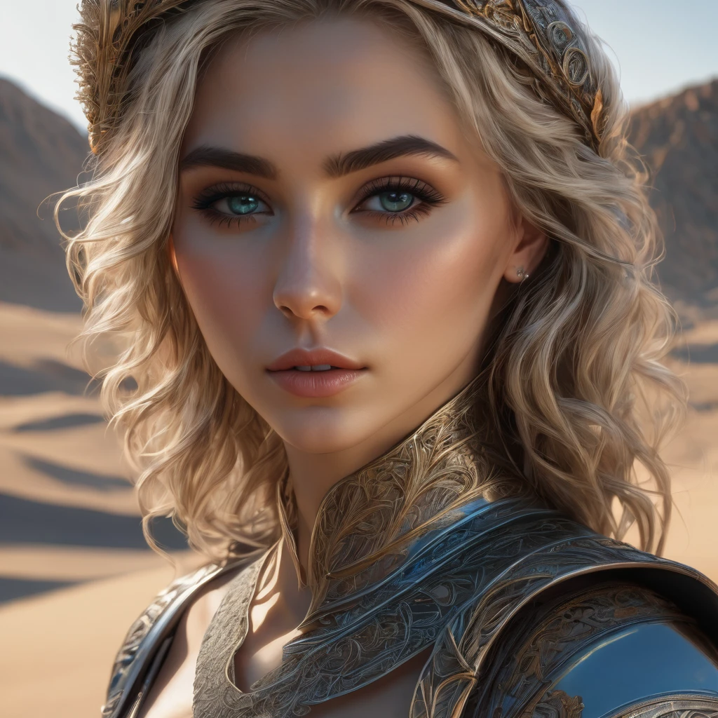 a detailed european woman, beautiful detailed eyes, beautiful detailed lips, extremely detailed face, long eyelashes, graceful, slightly muscular figure, short curly blond hair, fair skin, young woman, simple short transparent veil, desert, sand dunes, early morning sun, rising sun, first rays, octane colors, metal bow and arrow, long metal chain, large komodo reptile on leash, walking, pulling with effort, ancient world gone, photorealistic, 8k, highres, best quality, masterpiece, ultra-detailed, realistic, vivid colors, physically-based rendering