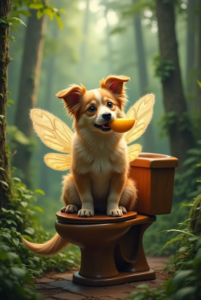 I want you to make a dog with fairy wings pooping in a toilet in a forest while sucking on a mango