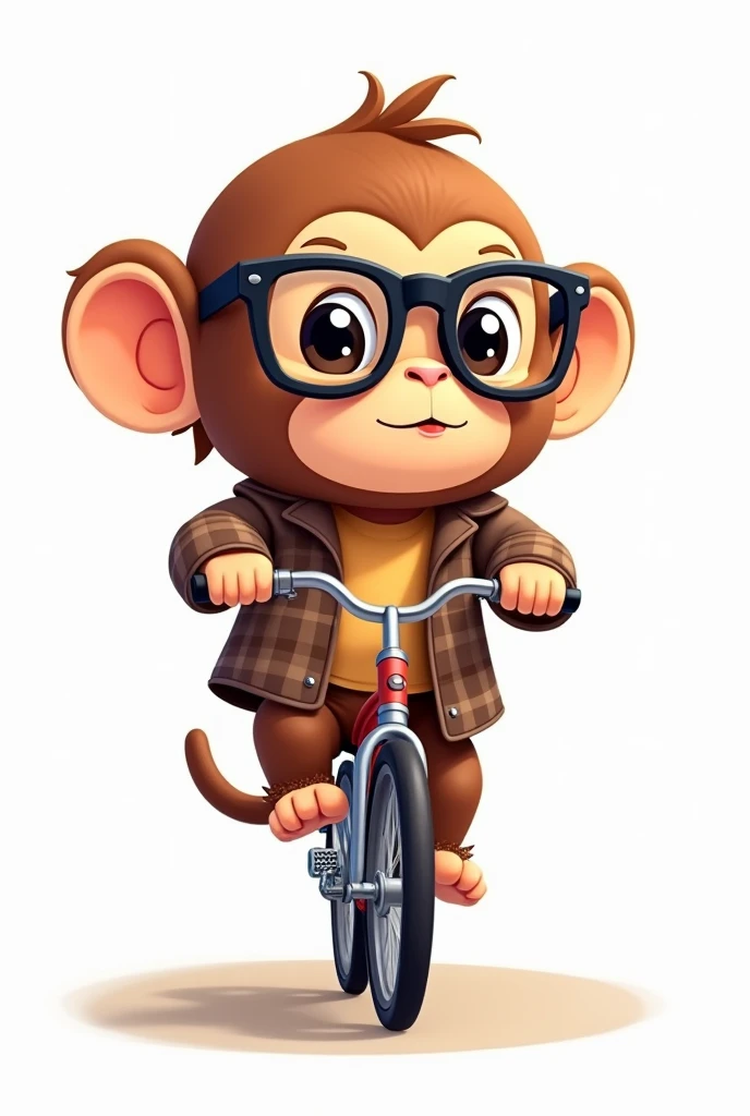 Monkey riding a bike but as if it were drawn on a white background and with a brown plaid jacket,with black glasses,Looking to the right, he looks chibi

