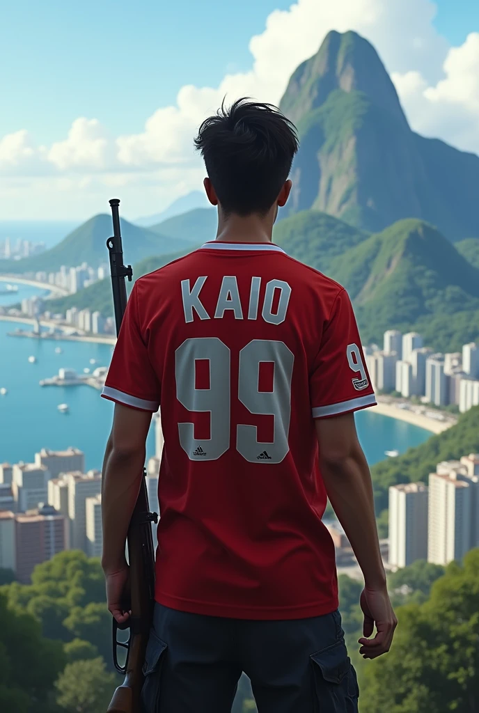 A young man with his back to the camera, wearing a red shirt that says KAIO with the number 99, looking at the Rio de Janeiro with a rifle in his hand.