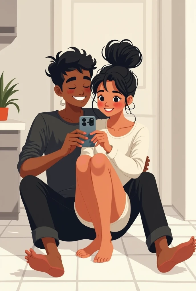 A ccouple sitting on the floor. Girl stiing in between boy's legs. Girl wearing a long white shirt and a short and has a messy top hair bun. both have black hairBoy wearing a black shirt and a trouser. Girl is fair but biy has a broen skin. Both sitting facing same direction (not looking at eachother)
Both are smiling for a selfie looking at one phone . Girl stiing in between boy's legs
Background : a home : white walls, white tiles on the floor.
Picture type: not realastic. Cartoon type