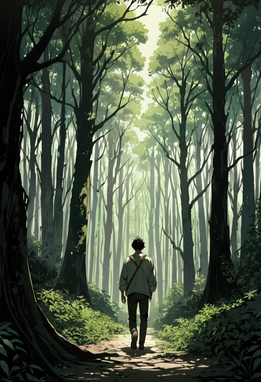 A distressed young man walking alone through a dense forest. His face is marked with frustration and sadness, his clothes are simple, and the surrounding forest is lush but shadowed, reflecting his troubled mind.