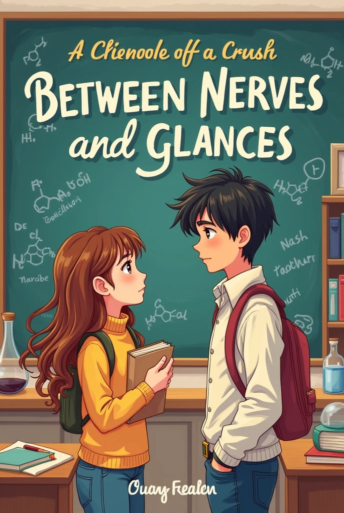 **Visual:**
The book cover features a colorful and youthful illustration. In the middle, two teenagers are seen, clara y Daniel, standing in front of a blackboard in a literature classroom. Both have an expression of shyness and curiosity, exchanging furtive glances.
**Detailed Elements:**
- **clara**: A girl with brown, wavy hair, with a sweet and nervous look. She wears a simple t-shirt and jeans, holding a notebook against her chest.
- **Daniel**: A boy with short, dark hair, with a warm smile and a curious look. She wears a sports shirt and jeans, with hands in pockets.
- **board**: On the blackboard behind them, there are drawings of chemical formulas, a couple of hearts drawn in chalk, and some class notes. 
- **Classroom Details**: In the background, shelves with books and laboratory equipment can be seen, suggesting the academic atmosphere.
**Titles and Texts:**
- The title "Between Nerves and Glances" it is written in an elegant and eye-catching font, with bright colors. 
- The subtitle "Chronicle of a Crush" it's in a smaller and more cursive font, below the main title.
- The author's name appears at the bottom of the cover, in a simple and clear font.
**Color and Style:**
- The cover uses a warm and welcoming color palette, with soft shades of blue, green and yellow that reflect the youth and atmosphere of a high school.
- The style of the illustration is detailed but with a touch of hand drawing, which gives it a personal and nostalgic feel, appropriate for the story of a first teenage love.