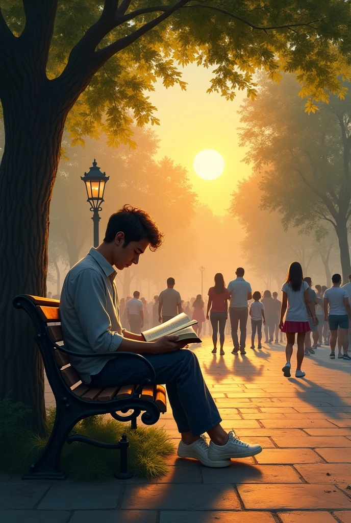 A person reading a book in a park full of people, ao por do sol