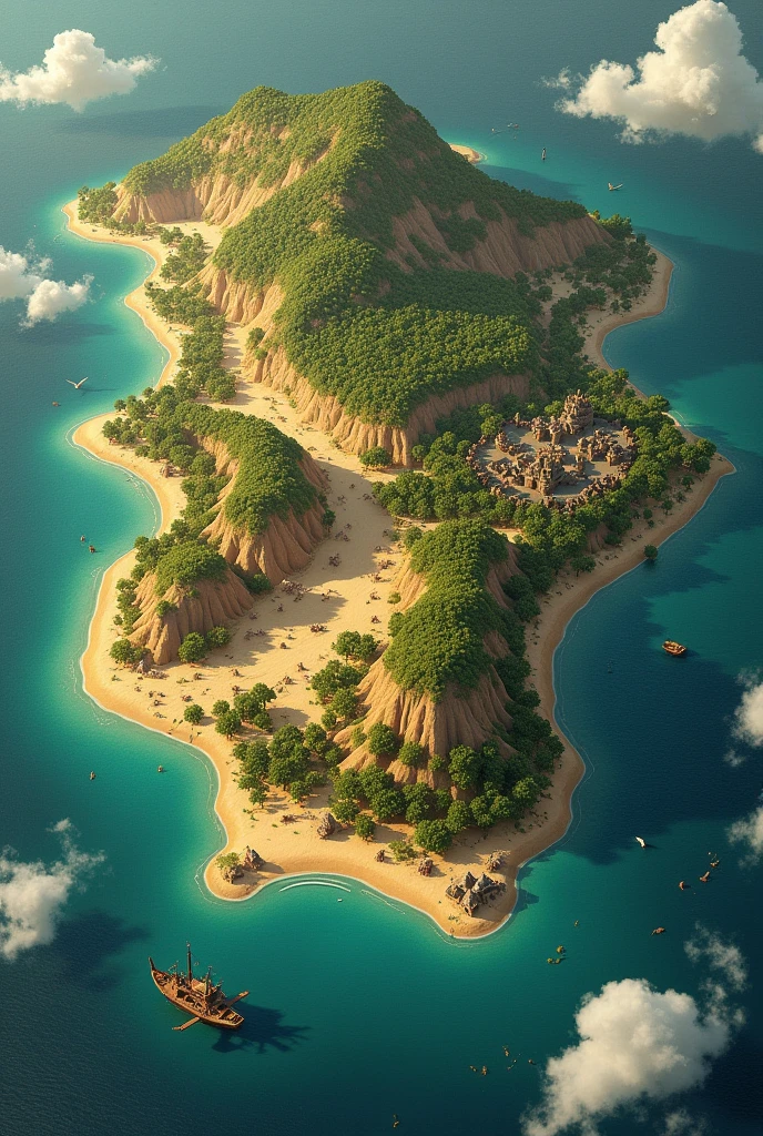 a top-down map with desert and forest vegetation with some villages and a large city, without rivers, a big map like google maps little desert and more forest, it's a bigger giant island