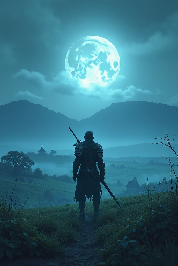 A world of moonlight. A warrior standing in a farming land.
Don't add these :don't make it cartoon.