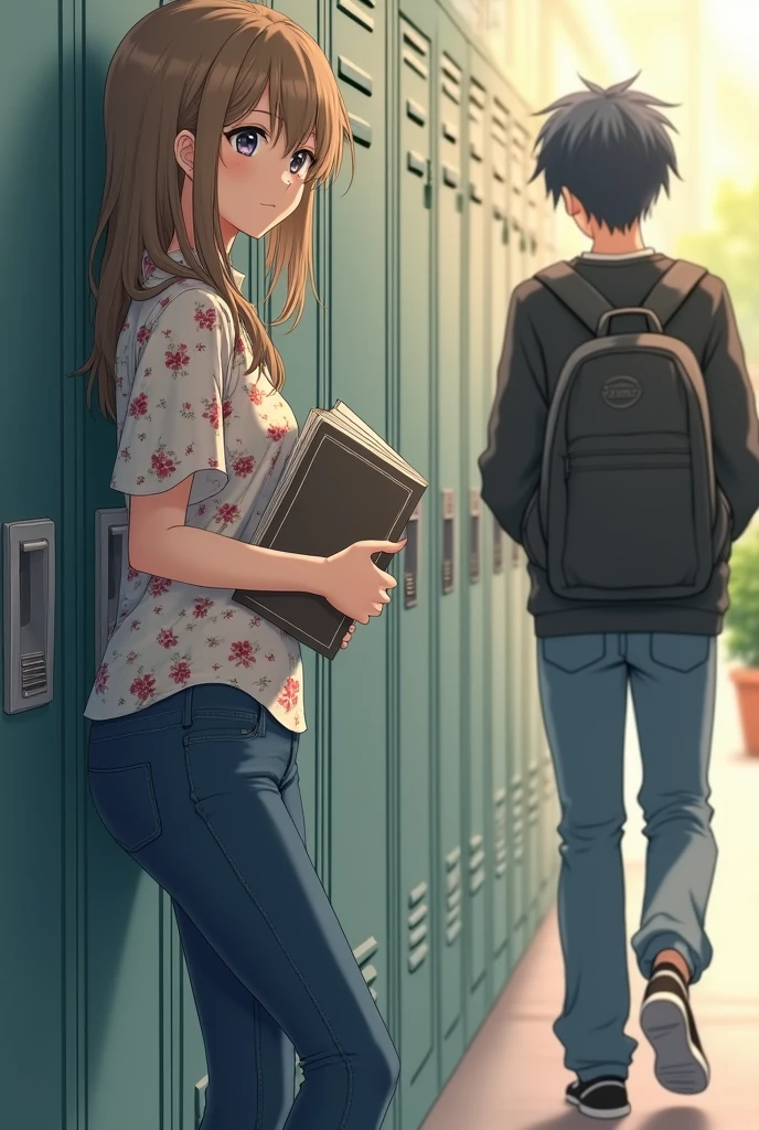 university fund, Specifically, In a locker, A girl, she's going to be lying on the locker, Light brown hair, amber eyes,clear skin, but with a light pinkish tone. With tight jeans, black shoes, and a floral blouse carrying several books in her hands. A boy who is going to be passing near her, black hair, blue eyes, pale skin. with a black sweatshirt, and jeans that aren't too tight and a backpack. as he walks past her, he turns and looks her straight in the eye.