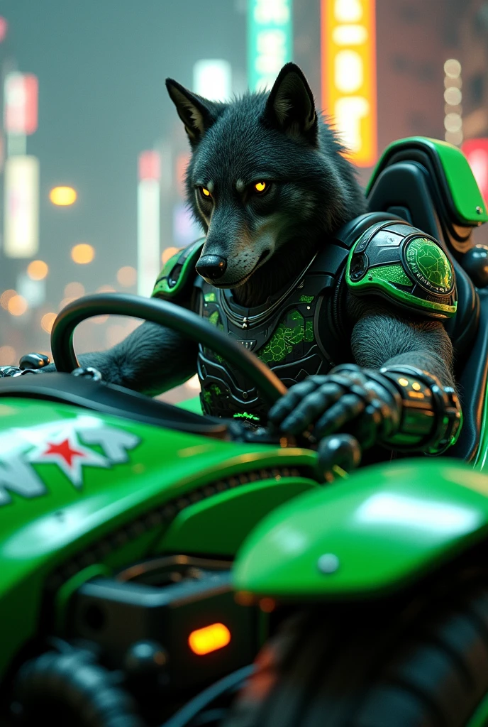 (photorealism:1.2), A stylish werewolf driving a mistan with Heineken armor.