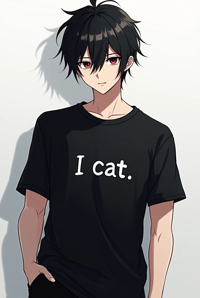 Can you create an anime image with black hair, wearing a black shirt that says 'I cat', black pants, and he's a man.