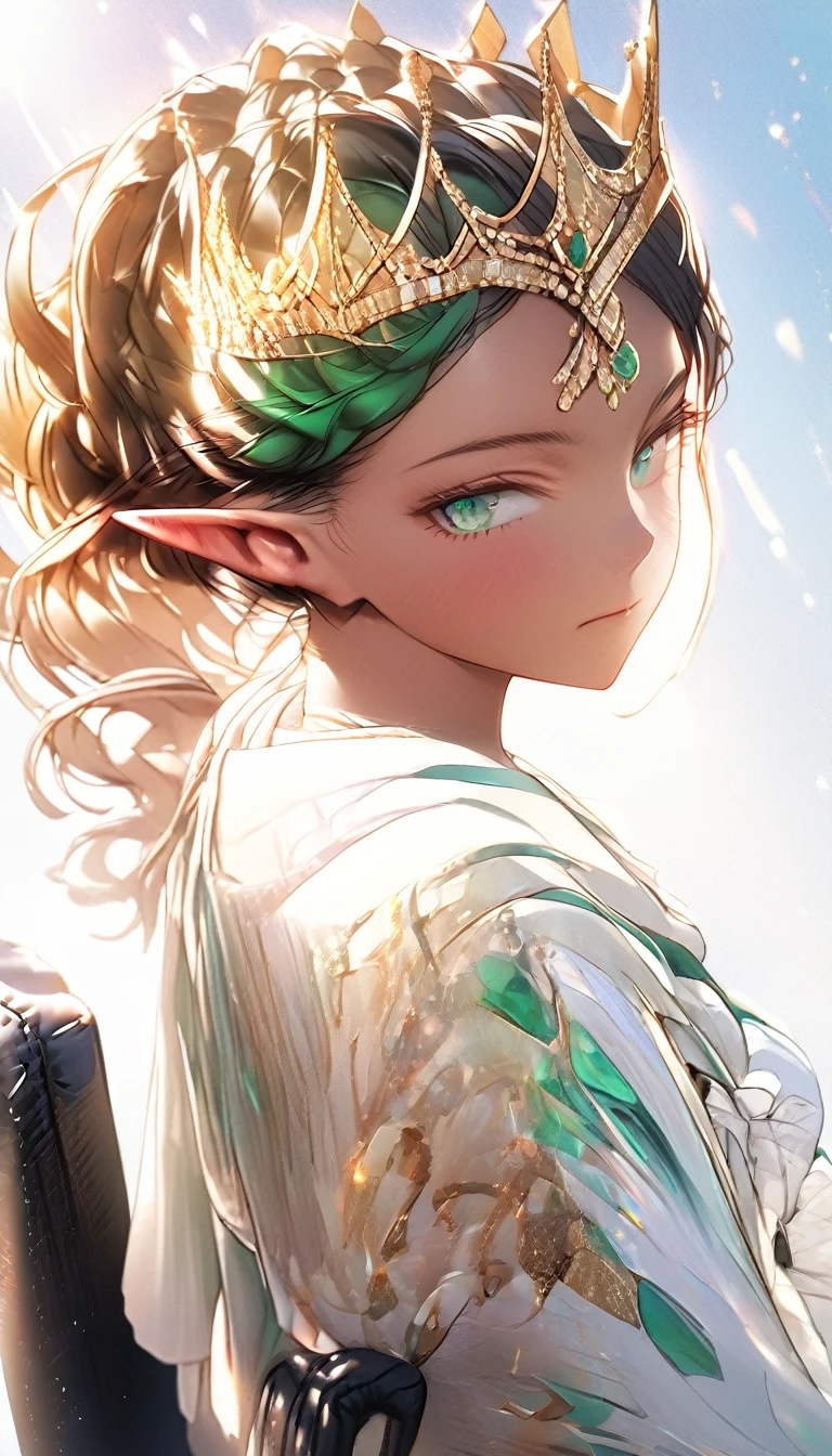 (young elf girl:1.3), (vibrant emerald eyes:1.2), (expressionless face:1.1), (half-up crown hairstyle:1.0), (white dress:1.1), (hyper-detailed skin:1.3), (lifelike skin sheen:1.2), (sitting on a chair:1.0), (8k ultra high resolution:1.3), (true-to-life photo quality:1.2), (premium resolution details:1.1), (white background:0.9), (subtle shadows:1.0), (natural light:1.0), (elegant pose:1.1)