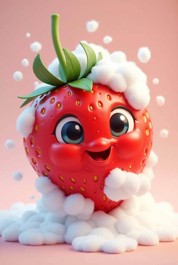 Animated strawberry with a cute face being washed with soap and foam