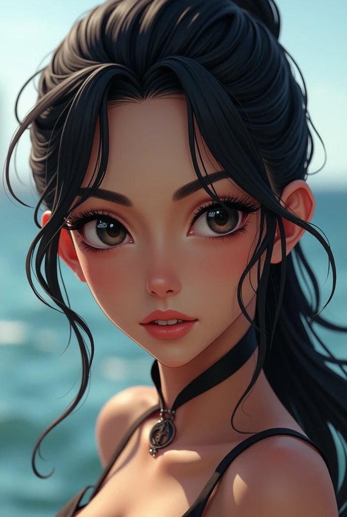 brunette woman, height 1.in 50 centimeters, black hair combed in ponytail, Small ears, almond-shaped black eyes, set wide apart with double eyelids, bushy eyebrows, thick and arched, round face, flat and wide nose, heart lips, high and curved forehead, high hairline, defined and angular cheekbones, the woman is at sea, but I just want the face to show up, without a chest and she's robust