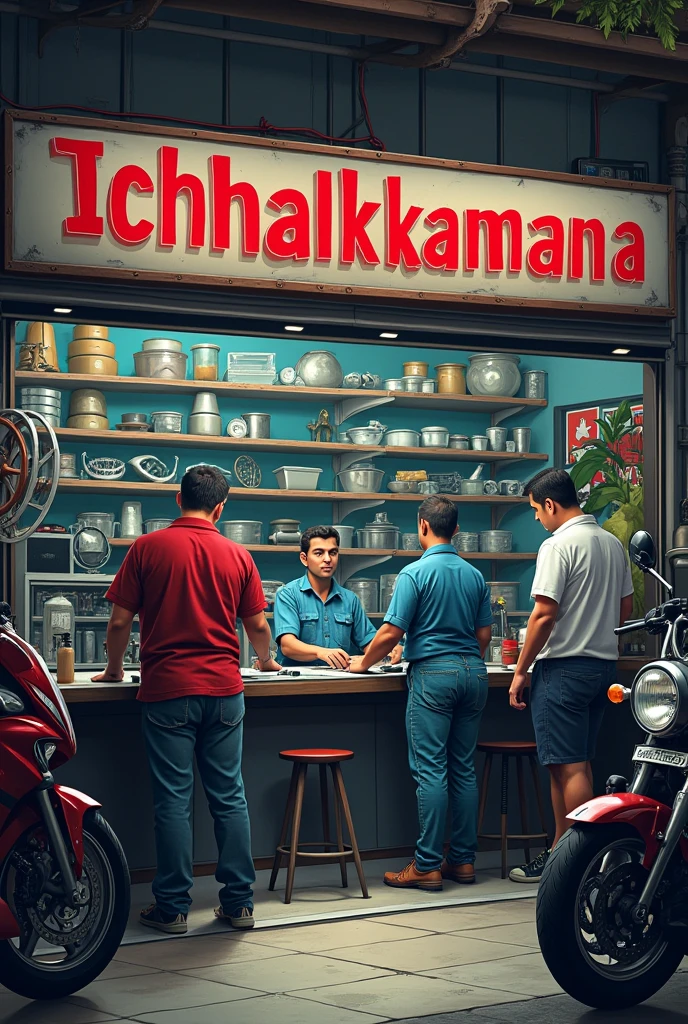 Motorcycle workshop name with ichchhakamana motercycle workshop. Four mechanics are working in the garage and there is the line of customer 