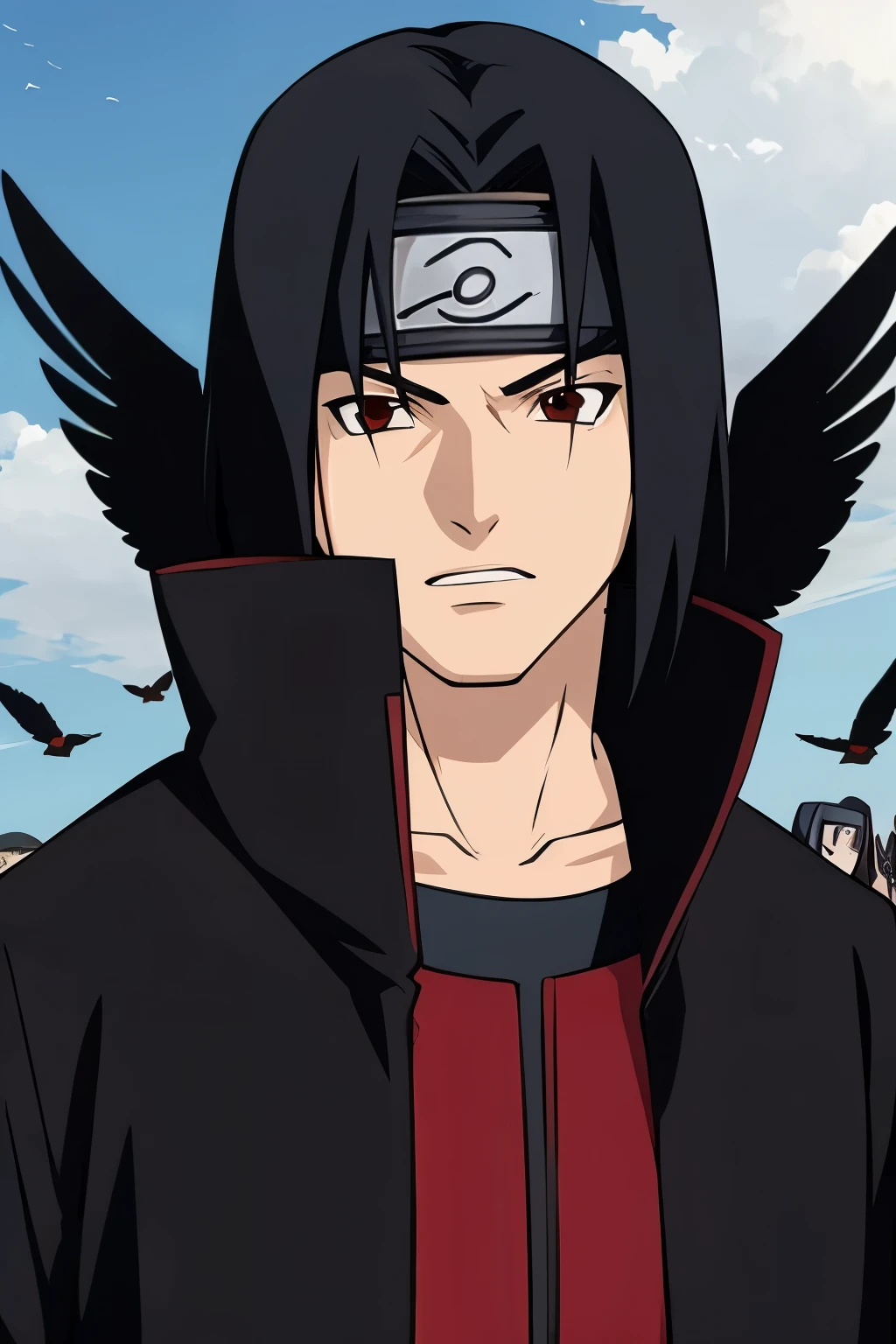 itachi uchiha in akatsuki outfit covered with multiple crows in dark night