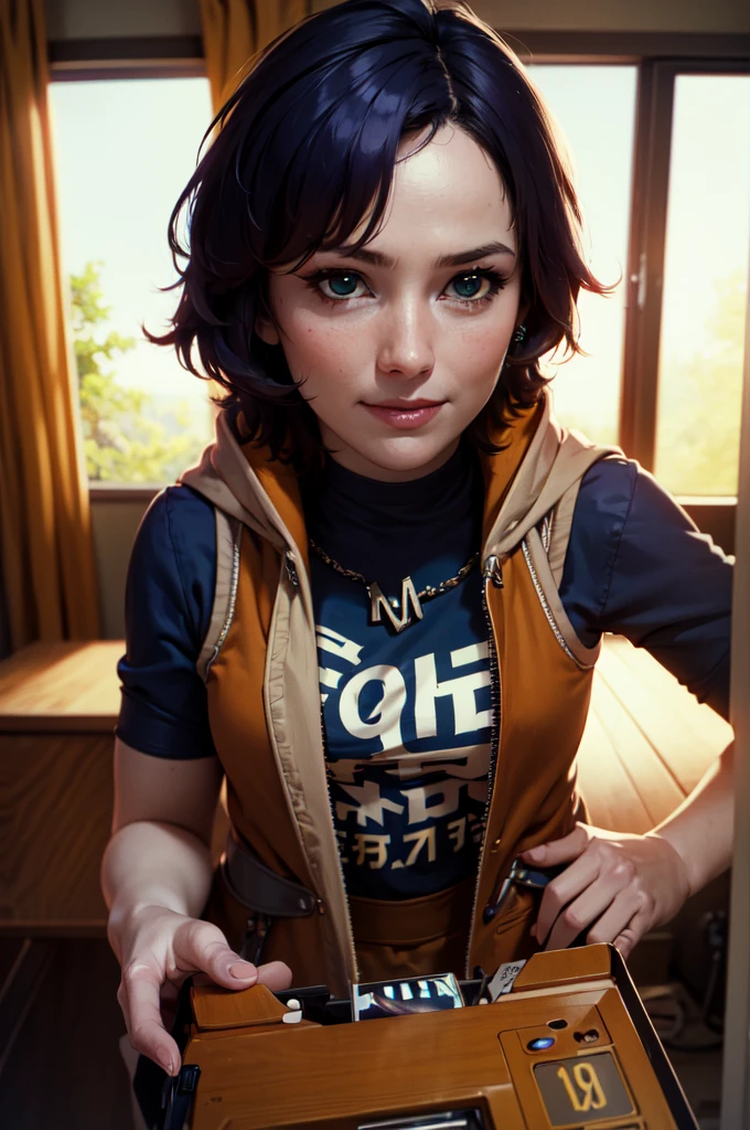 A young girl in realistic portrait of high quality and detail, movie style, younger face, (realistic face), (dark blue hair, short hair:1.3), beautiful hairstyle, realistic eyes, beautiful dark green detailed eyes, (realistic skin), beautiful skin, She is wearing a hoodie and sleeveless, Belle (Zenless Zone Zero), happy face, glow, eye shadow, 1girl, Depth & Perspective, smiling on her face, fine face, she is standing in the video rental salon, Hands in pockets, a showcase with VHS tapes in the background, indoors, sunlight from windows, looking at viewer, (ultra-high detail:1.2), Masterpiece, Best Quality, Ultra-detailed, Cinematic lighting, 8K, delicate features, cinematic, 35 mm lens, f/1.9, highlight lighting, global lighting –uplight –v 4, cinematic, Cinematic lighting, 8K, high quality, Highest Quality, (Solo Focus), (extremly intricate:1.3), (Realistic), masterful, Analog style, (Film grain:1.5), (warm hue, cold tone), 