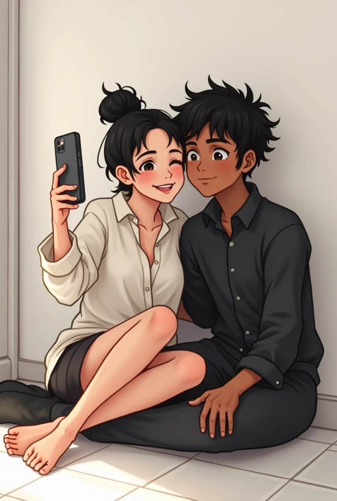 A ccouple sitting on the floor. Girl stiing in between boy's legs. Girl wearing a long white shirt and a short and has a messy top hair bun. both have black hairBoy wearing a black shirt and a trouser. Girl is fair but biy has a broen skin. Both sitting facing same direction (not looking at eachother)
Both are smiling for a selfie looking at one phone . Girl stiing in between boy's legs
Background : a home : white walls, white tiles on the floor.