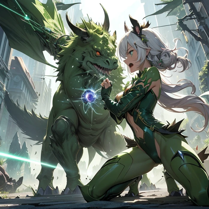 High Resolution, Anime, Character Design, Digital Art, HD, Best Quality, Masterpiece, Super Detailed, high fantasy, chaos
{{creature: green praying mantis with iguana head and face((fighting against rhinoceros, with a laser shooting spear while roaring furiously),morning day,white crystal buildings, crystal walls, fire around, laser explosions around))}}