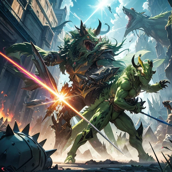 High Resolution, Anime, Character Design, Digital Art, HD, Best Quality, Masterpiece, Super Detailed, high fantasy, chaos
{{creature: green praying mantis with iguana head and face((fighting against rhinoceros, with a laser shooting spear while roaring furiously),morning day,white crystal buildings, crystal walls, fire around, laser explosions around))}}