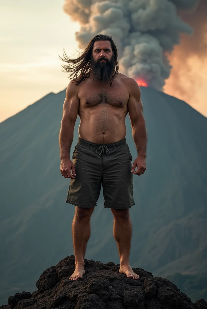 photo of a fat man with very long straight hair, at the top of the crater of Mount Merapi with a background of crater smoke, shorts below the knee and barefoot, pose ready to face the camera