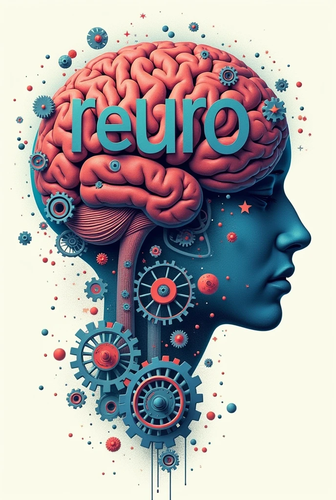 Poster with typographic illustrations, gears and elements that symbolize neurology, Create brain shapes with 3d text "neuro", side view of face shape,