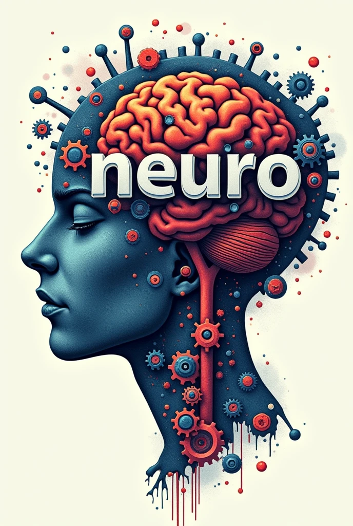 Poster with typographic illustrations, gears and elements that symbolize neurology, Create brain shapes with 3d text "neuro", side view of face shape,