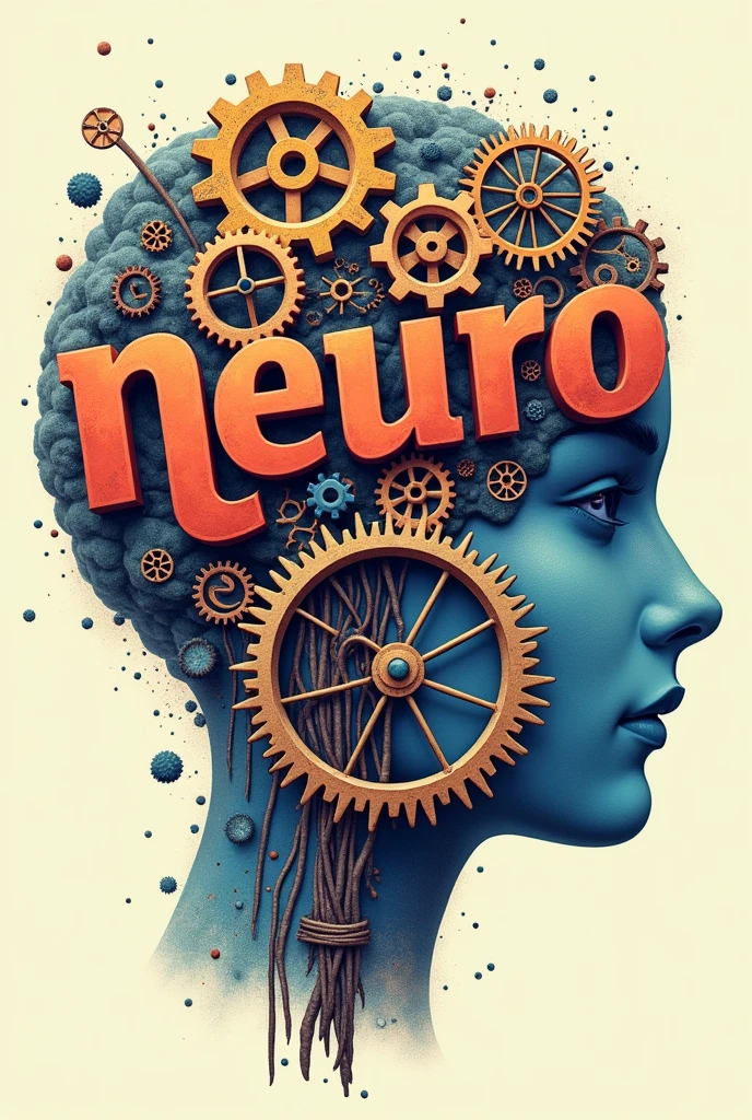 Poster with typographic illustrations, gears and elements that symbolize neurology, Create brain shapes with 3d text "neuro", side view of face shape,