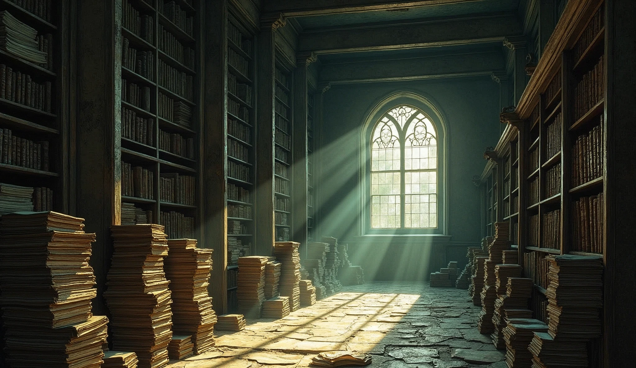 the interior of a newspaper archive for a local newspaper of the 1920s, without people, set in the universe of the call of cthulhu, daylighting, role-playing, drawn with colored pencils.
