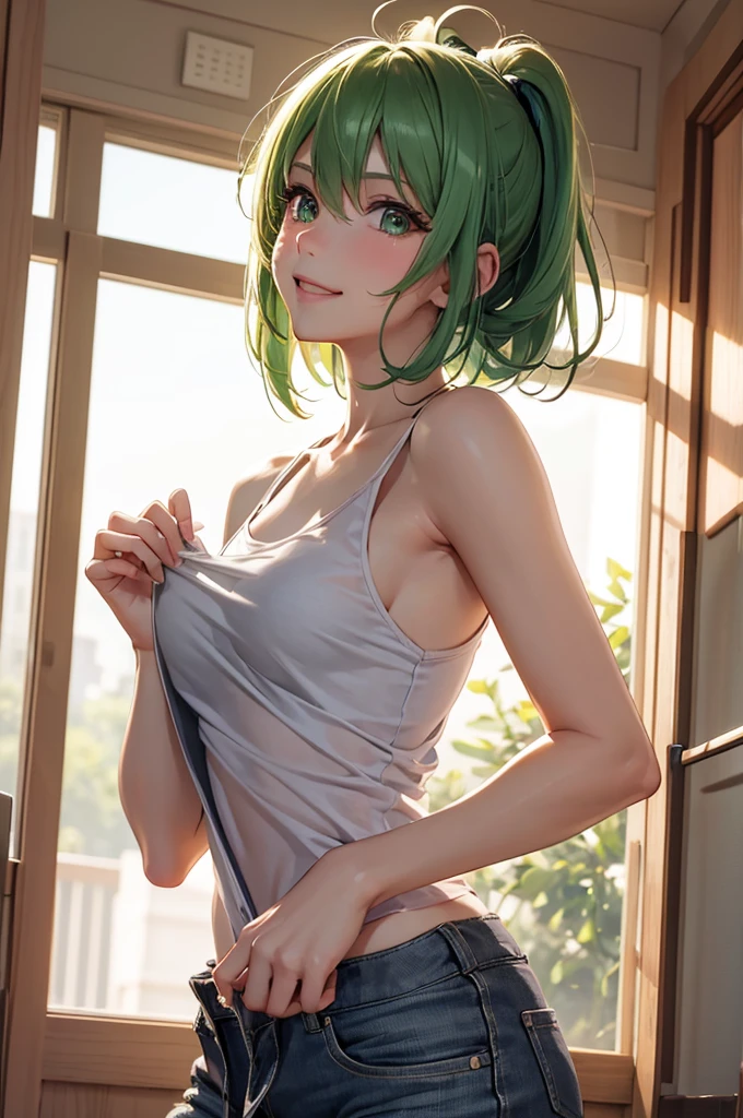 Best Quality,High resolution,8k,finelity detailed background,Masterpiece:1.2),beautiful girl,Shiny green hair,messy hair,Green Eyes,Gentle look,A refreshing look,smile,Best quality,Best Quality,Aesthetic and aesthetic:1.2,Best details((Super detailed))(High-definition CG illustrations),Tank top,Shorts,Slender body,Inside the room,smile,blush,cute,Scrounge,Looking up,Being spoiled,super model