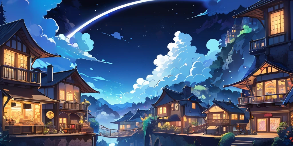 Draw a lofi anime poster style village mécanique, décoration de fée, cascade lumière, dans les nuage, nuages, la nuit, belle palette de couleurs bleu noir, couleurs saturées vibrantes, œuvre d'art, Aucun humain, thème étoilée foncé