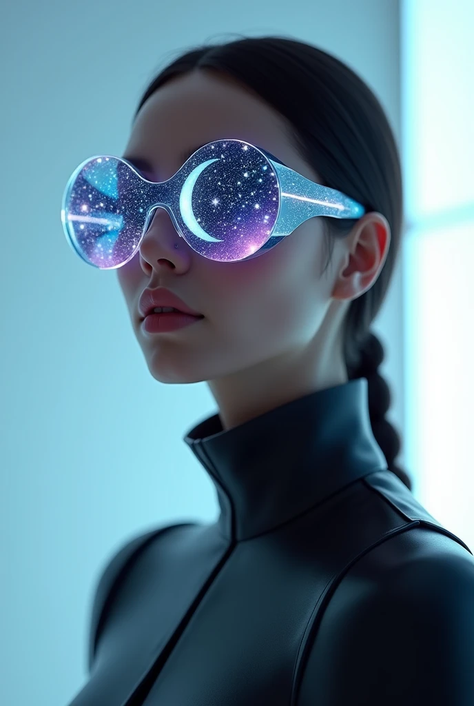 The model is wearing glass sunglasses with stars and the moon on the glass