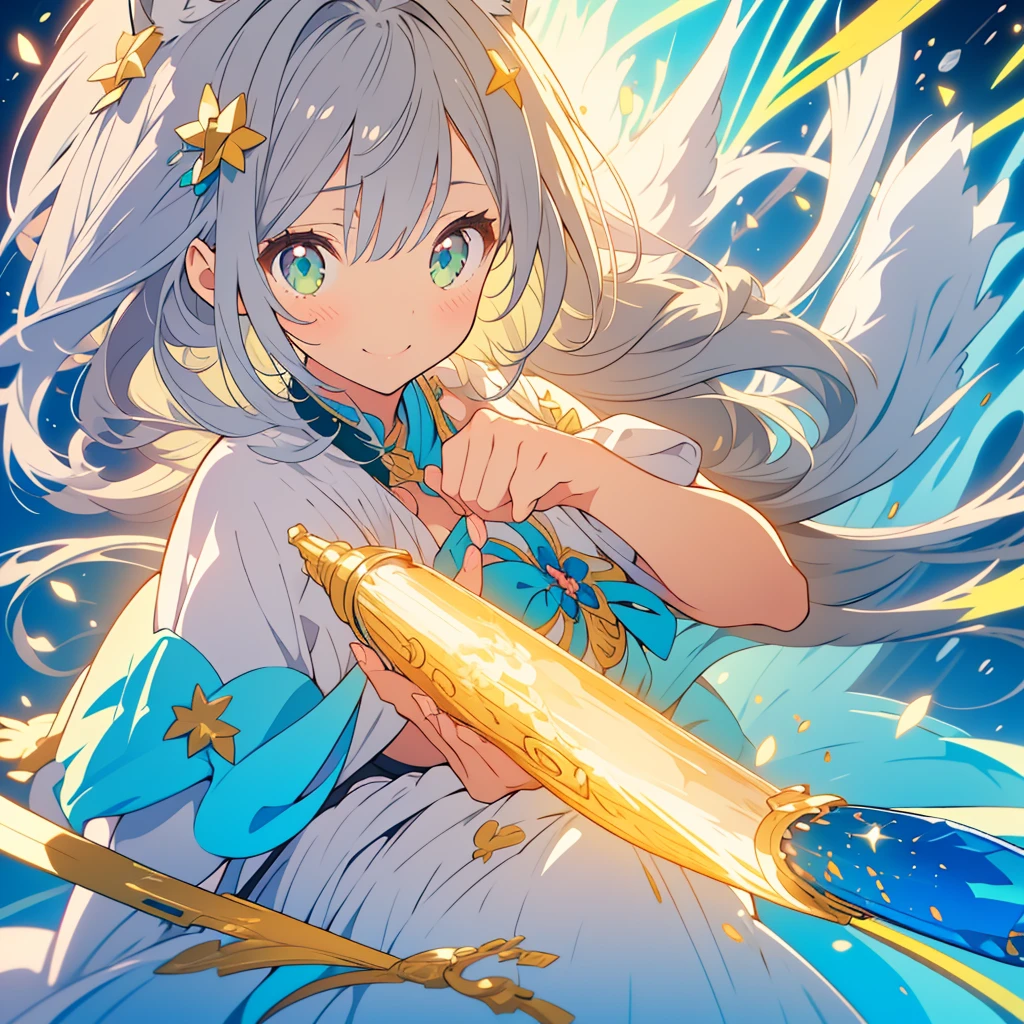 kawaii, anime, Cute, hyper quality, highly detailed, 8k, Clarity, Draw facial expressions in detail, A young girl with long pale silver hair and lapis lazuli eyes., Girl with long dark brown hair and green eyes, highlight on eyes, smile, bouquet, cat ears, celebration, bright background, bright atmosphere, light dances, 