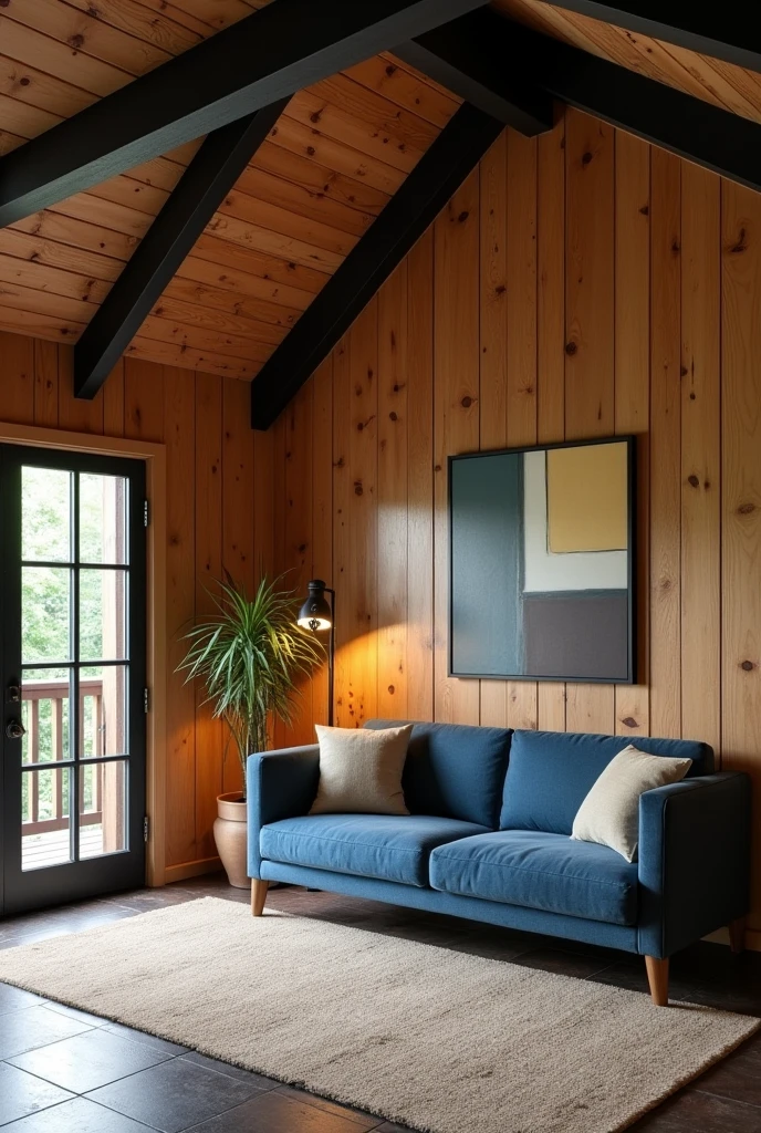 Cabin interior with painted grooved plywood, dark brown ceramic floor, and black exposed beams, with blue sofa