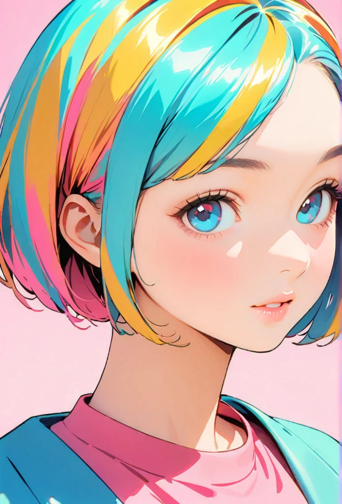 (Highest quality:1.2, City Pop Style, Very detailed, up to date, Vibrant, High Contrast, masterpiece:1.2, Highest quality, Best aesthetics), girl, ((Face Up Shot:1.4)), Colorful Hair, Bobcut, pastel colour, 1980s style, ((Retro, Vintage, Plain background))