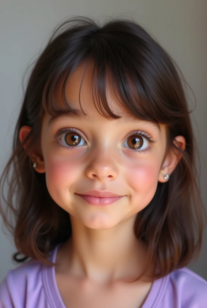 Create a photo of a -yeld Brlian child wit, almond-shaped brown eyes, shoulder-length straight brown hair, fringe, button nose with a dimple on the cheek, oval face shape. Mouth with a thin upper lip and normal lower lip. Lilac clothing. real photografic