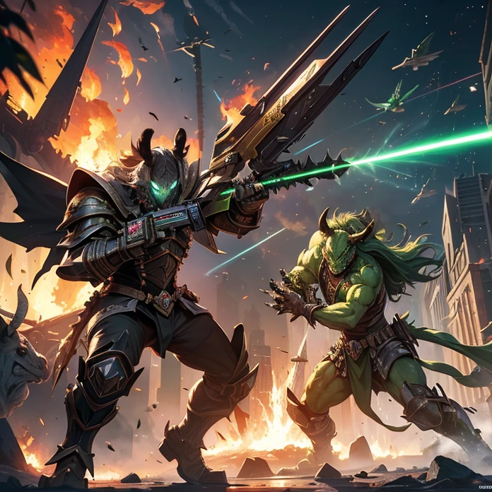 High Resolution, Anime, Character Design, Digital Art, HD, Best Quality, Masterpiece, Super Detailed, high fantasy, chaos, “warhammer 40.000 aesthetic”
{{creature: green praying mantis with iguana head and face((fighting against rhinoceros, with a laser shooting spear while roaring furiously),morning day,white crystal buildings, crystal walls, fire around, laser explosions around))}}