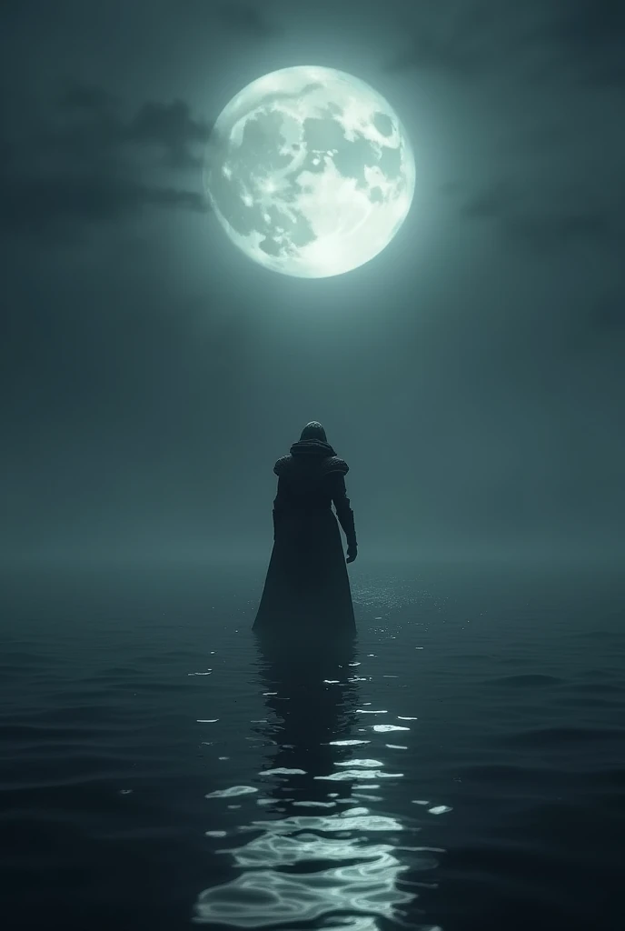 A world of moonlight. A warrior standing in a black sea
Don't add these :don't make it cartoon.